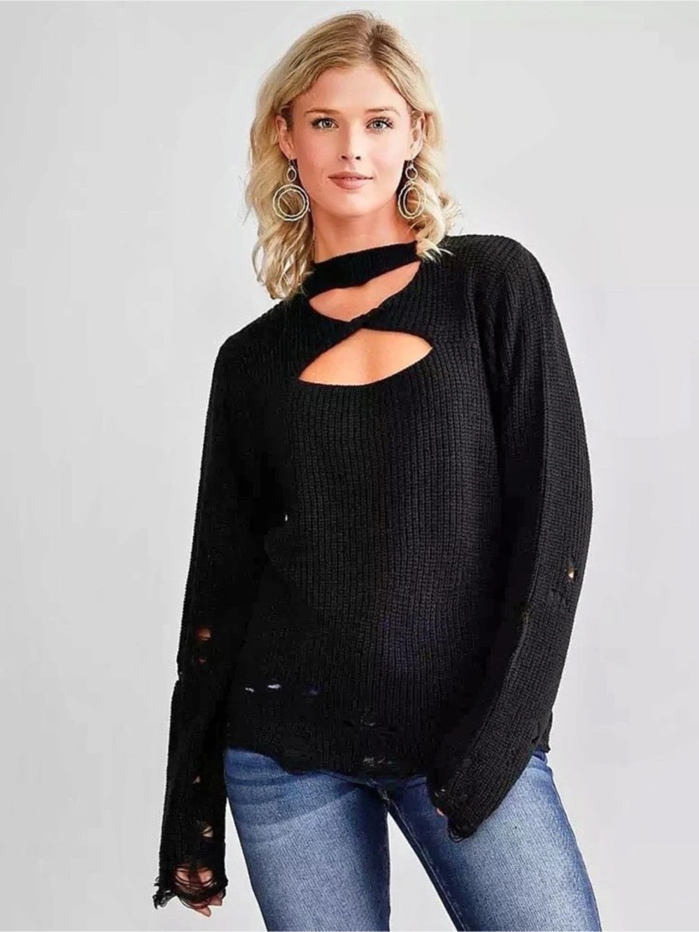 Distressed Cutout Black Sweater